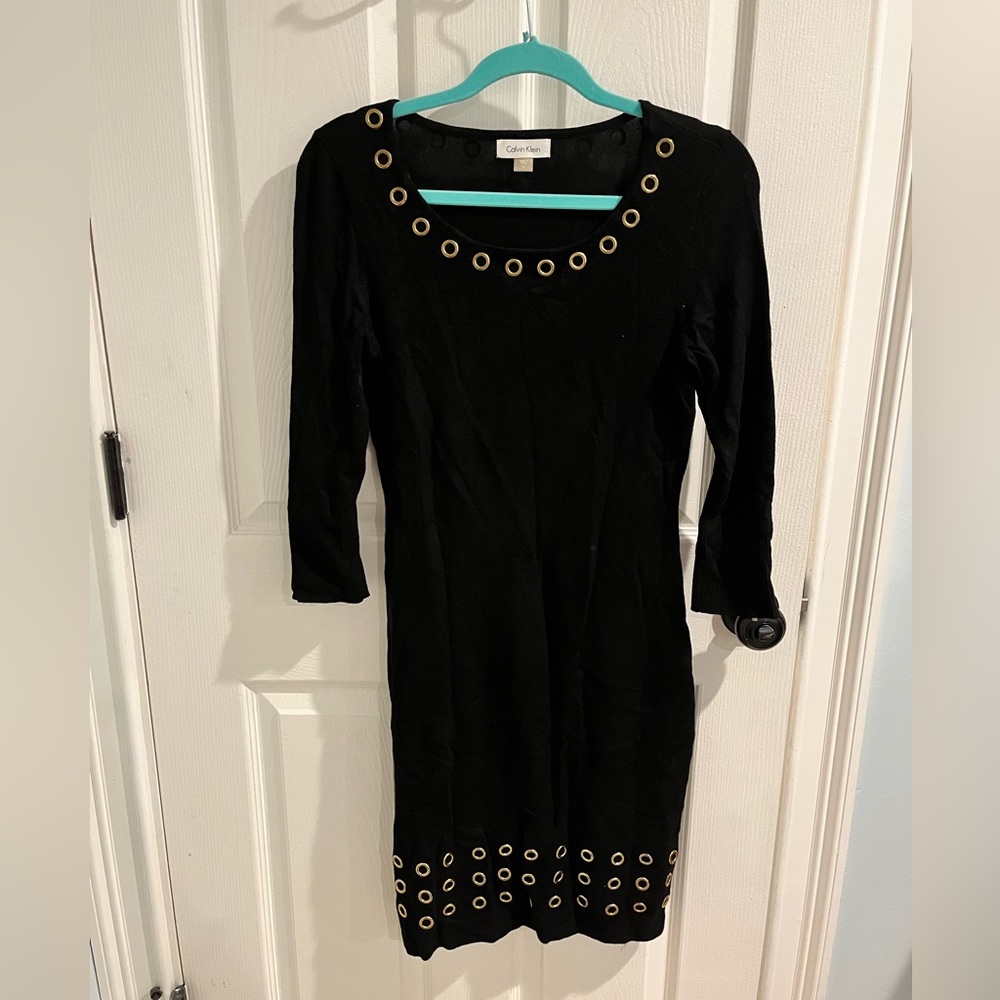Calvin Klein Black Gold Grommet 3/4 Sleeve Sheath Dress Women's Size small